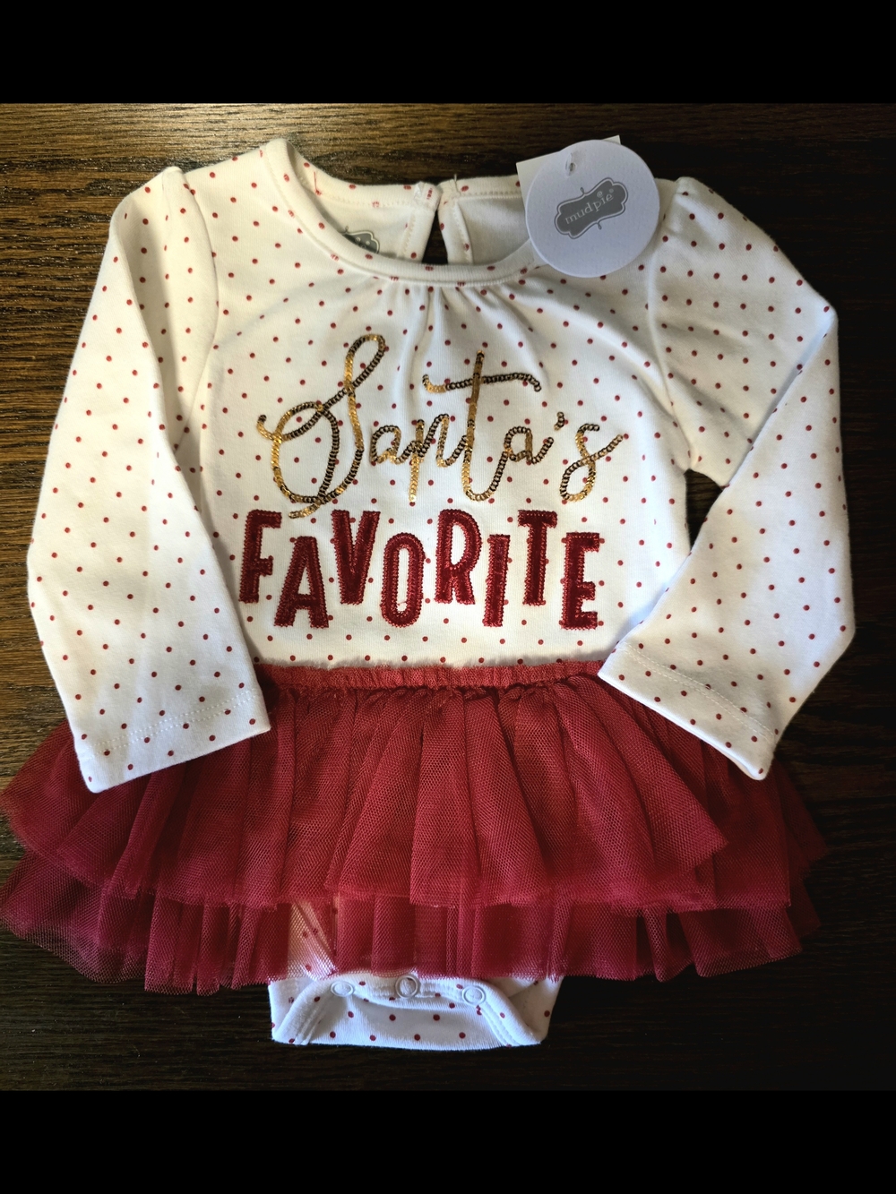 MUD PIE Santa's Favorite Red and White Tulle Baby Costume Bodysuit 3-6m